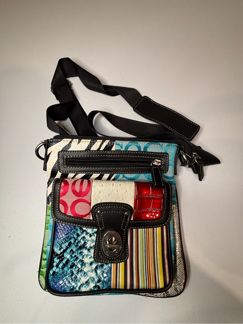 Colorful Patchwork Crossbody Bag with Adjustable Black Strap